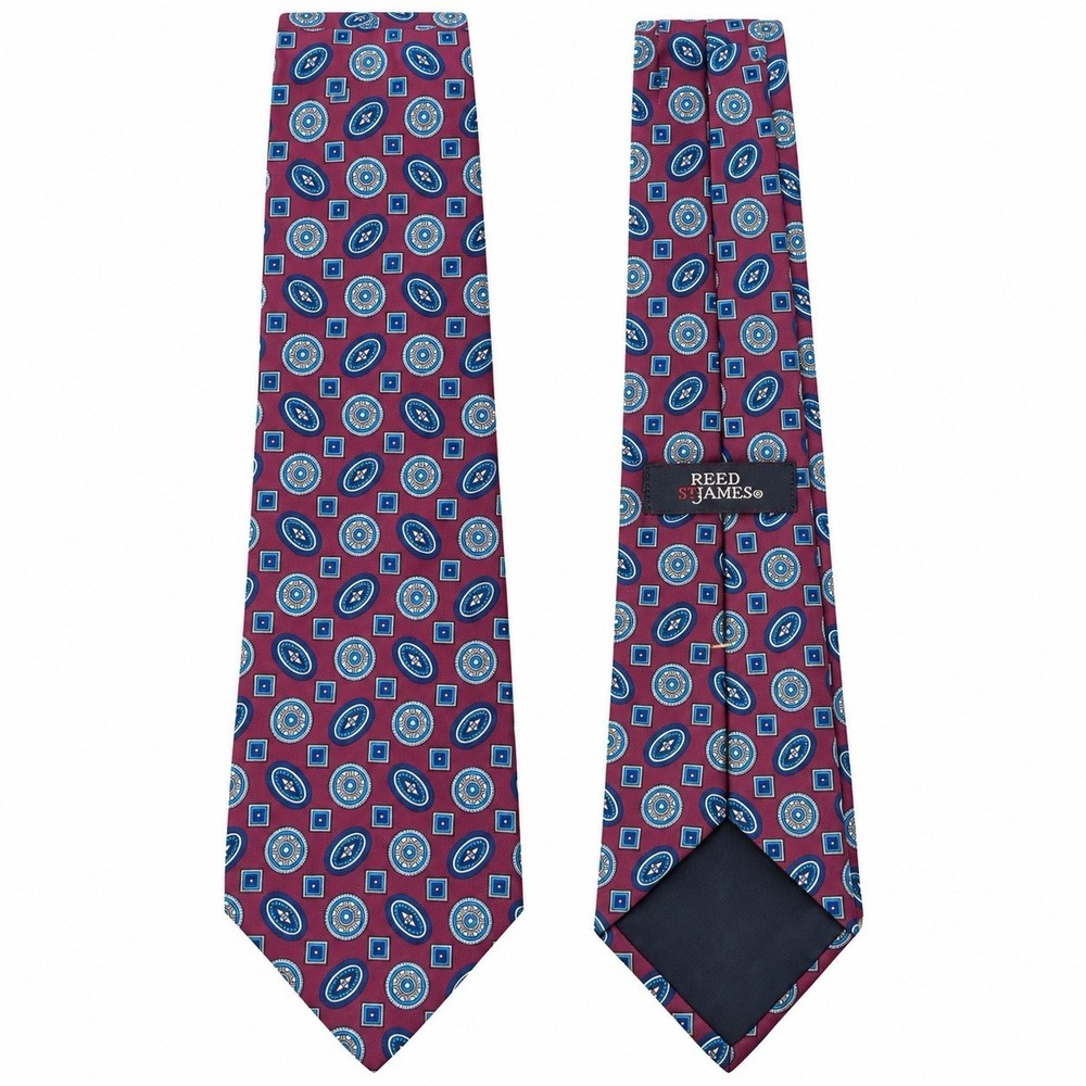 Reed St James Men’s 100% Silk Tie Burgundy Blue Medallion Geometric Made in USA